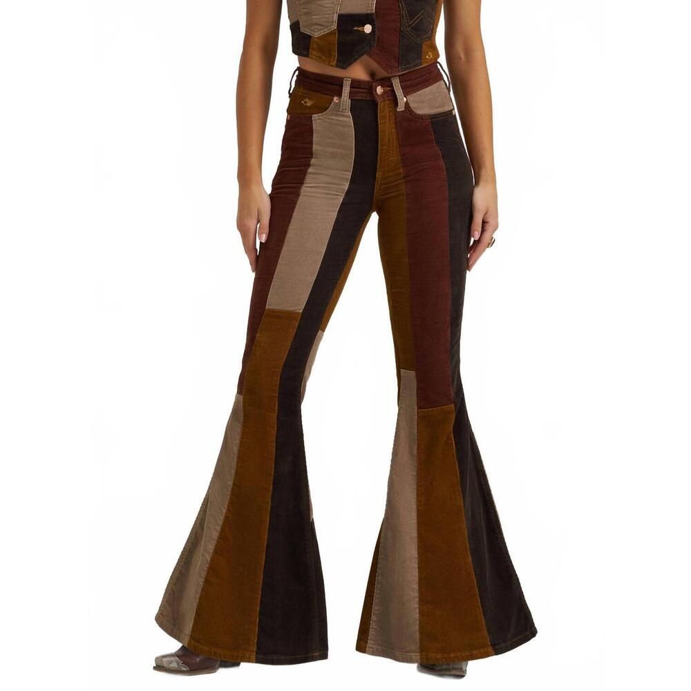 Wrangler Patchwork Wide Leg Corduroy Pants in Brown and Tan